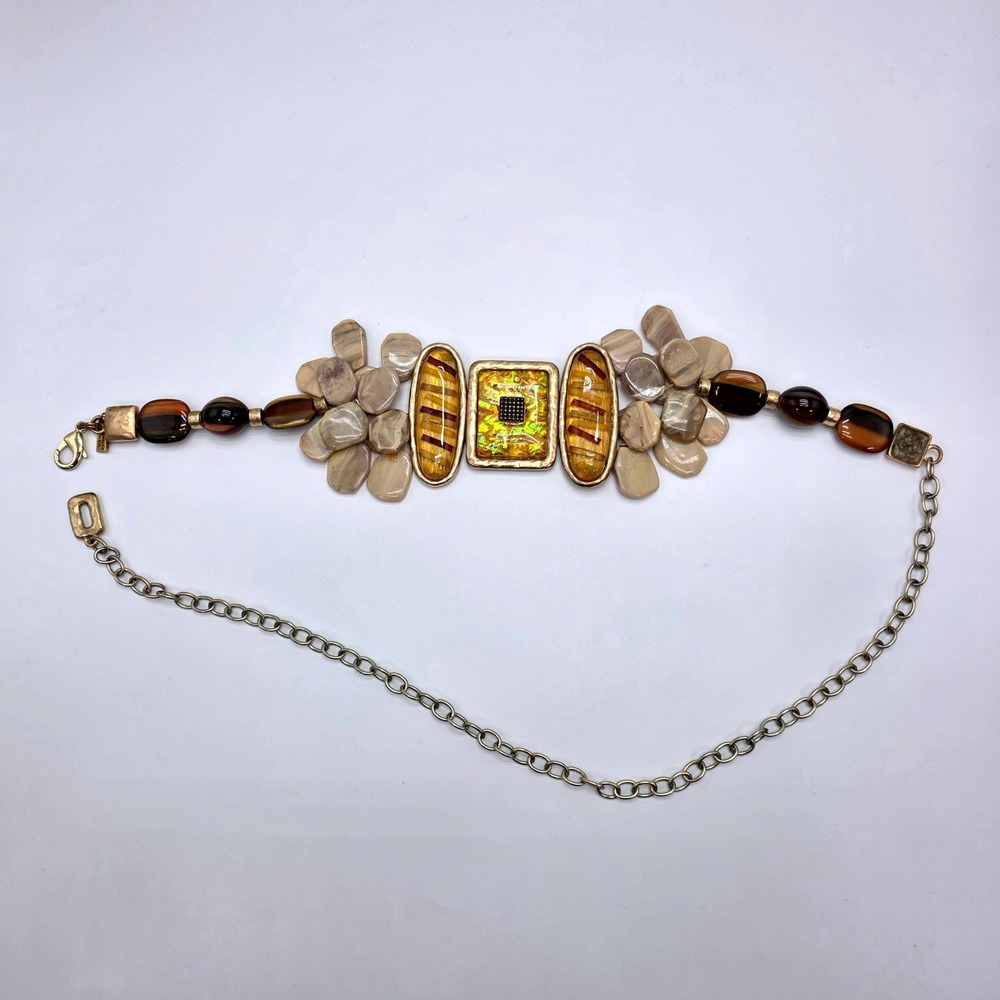 Chicos Statement Belt Amber Art Glass Stone Gold Tone Adjustable Boho 20.5in